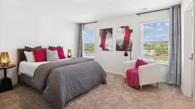 bedroom featuring light carpet and multiple windows