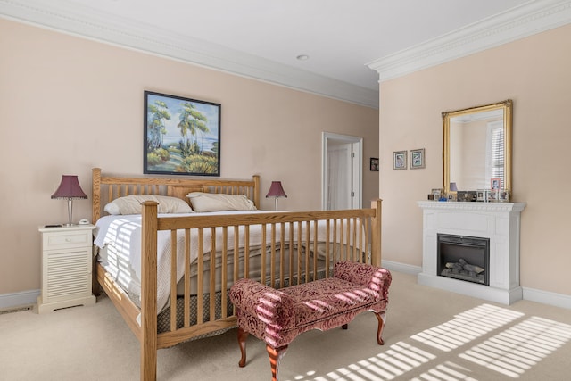 carpeted bedroom with crown molding