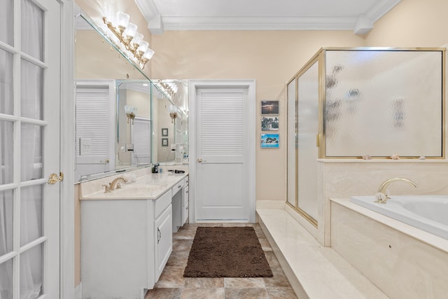 bathroom with vanity, shower with separate bathtub, and crown molding