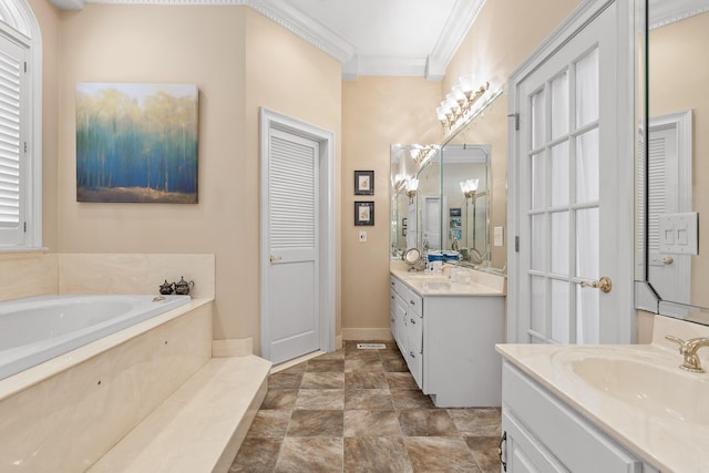 bathroom featuring vanity, a bathtub, and ornamental molding