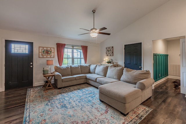 living room featuring ceiling fan, dark hardwood / wood-style flooring, and high vaulted ceiling