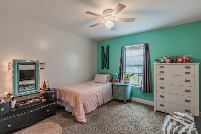 carpeted bedroom with ceiling fan