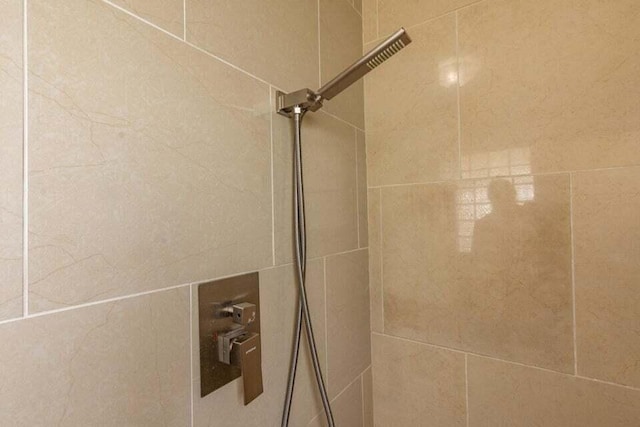 interior details featuring a tile shower