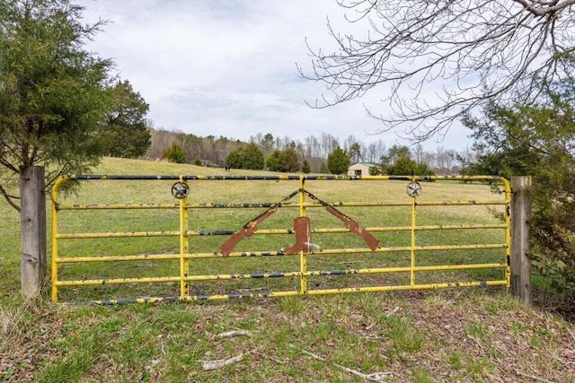 view of gate featuring a lawn and a rural view