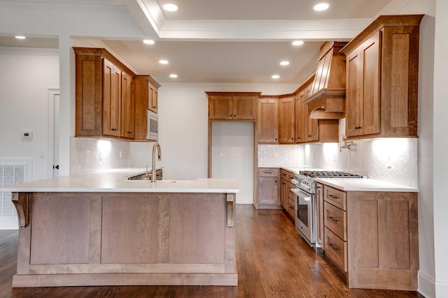 kitchen with high end range, backsplash, premium range hood, sink, and dark hardwood / wood-style floors