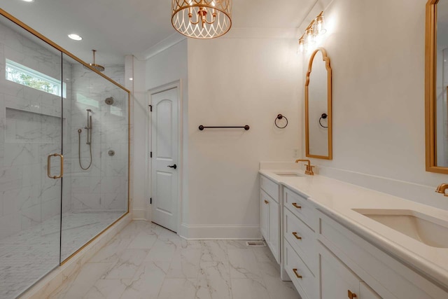 bathroom with vanity, an inviting chandelier, a shower with door, and ornamental molding