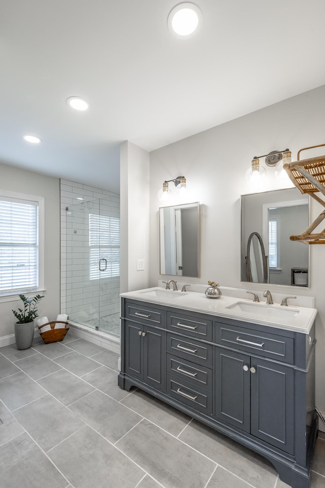 bathroom featuring tile patterned flooring, vanity, and walk in shower