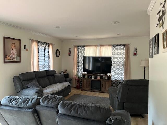 living room with hardwood / wood-style flooring and crown molding