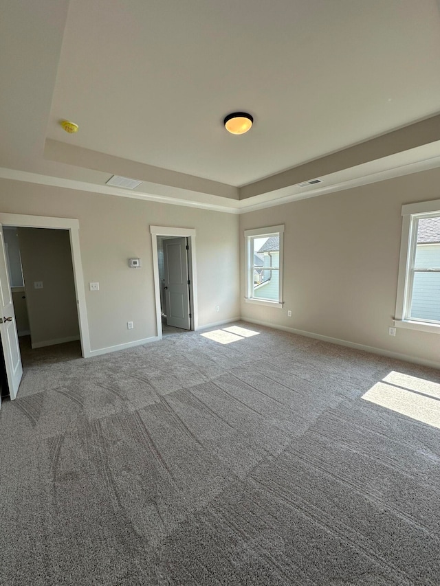 carpeted spare room featuring a tray ceiling