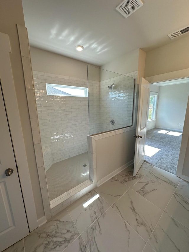 3349 Grassy Fields Ln Unit 177, Apison, TN 37302 - bathroom featuring a walk in shower, baseboards, marble finish flooring, and recessed lighting