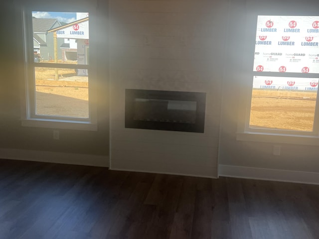 interior space featuring hardwood / wood-style flooring and a large fireplace