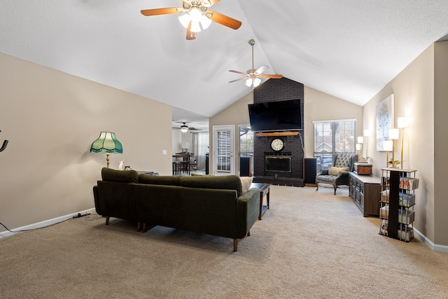 living room featuring a fireplace, light colored carpet, and lofted ceiling