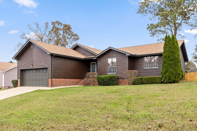 ranch-style house with a front yard and a garage