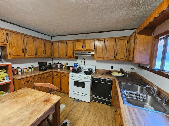 kitchen featuring light wood-type flooring, a textured ceiling, black dishwasher, and white gas range