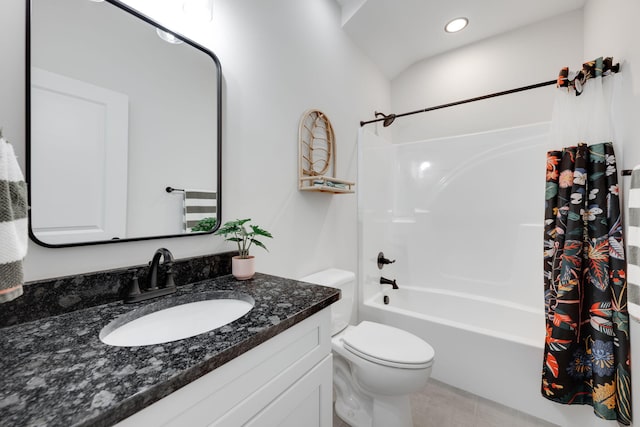 full bathroom with tile patterned floors, vanity, shower / bathtub combination with curtain, and toilet