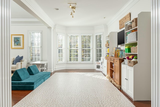 sitting room featuring dark wood-type flooring and ornamental molding