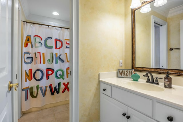 bathroom featuring a shower with shower curtain, vanity, tile patterned floors, and ornamental molding