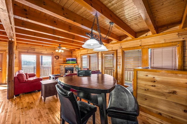 dining room with ceiling fan, light wood-type flooring, wooden walls, and wooden ceiling