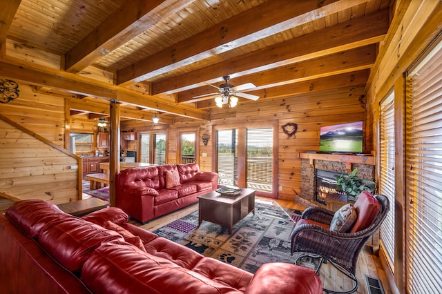 living room with wood ceiling, wooden walls, beam ceiling, hardwood / wood-style flooring, and a fireplace