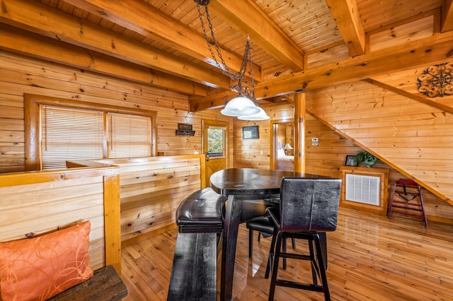 dining area featuring wooden ceiling, beam ceiling, light hardwood / wood-style floors, and wooden walls