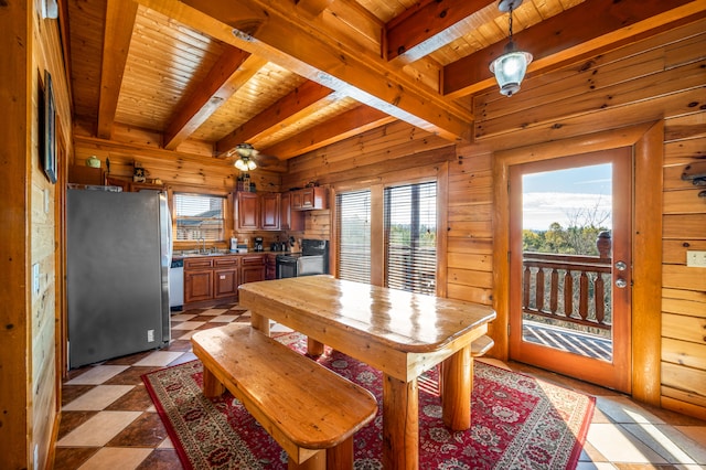 dining room with ceiling fan, beam ceiling, wooden ceiling, and wooden walls