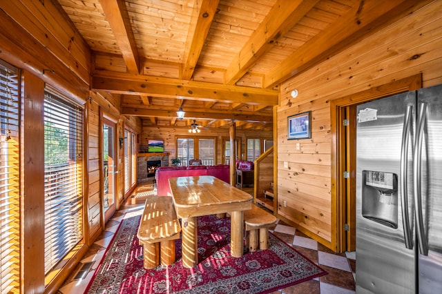 dining area with beam ceiling, wooden ceiling, and wood walls