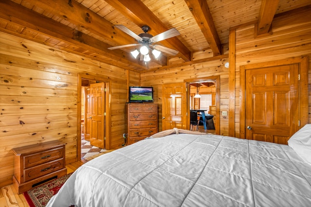 bedroom featuring beam ceiling, ceiling fan, light hardwood / wood-style floors, and wood walls