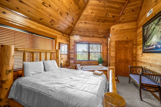 carpeted bedroom with wooden walls, high vaulted ceiling, and wooden ceiling