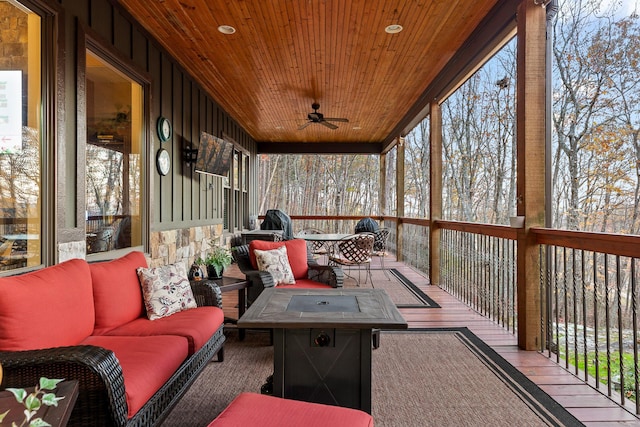 sunroom / solarium with ceiling fan and wood ceiling