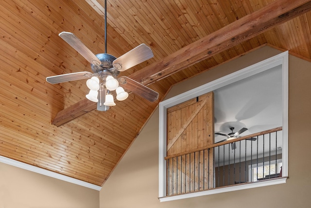 room details with beam ceiling, ceiling fan, and wooden ceiling