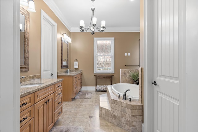 bathroom featuring vanity, a relaxing tiled tub, ornamental molding, and an inviting chandelier