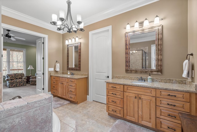 bathroom with crown molding, vanity, and ceiling fan with notable chandelier