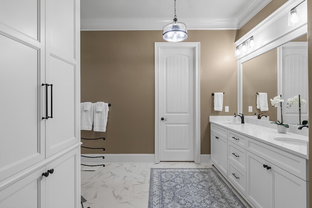 bathroom with vanity and ornamental molding