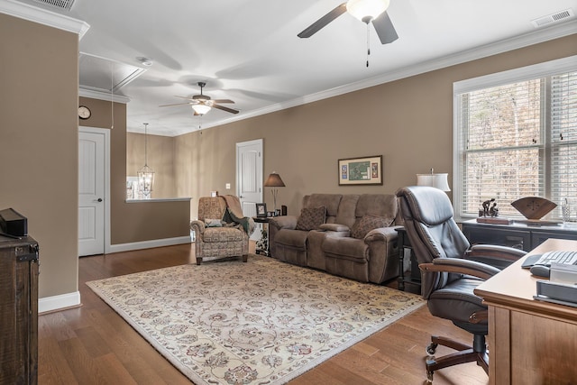 office area featuring dark hardwood / wood-style floors, ceiling fan, and crown molding