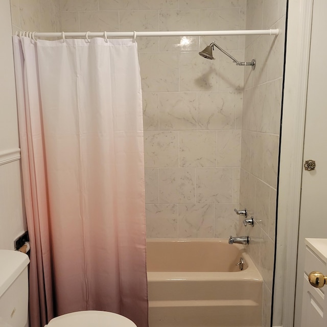 bathroom featuring toilet and shower / bathtub combination with curtain