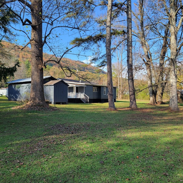 view of yard featuring a mountain view and a shed