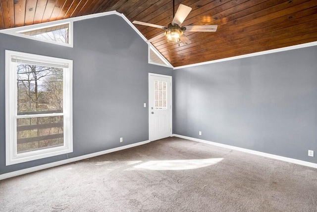 empty room featuring ceiling fan, carpet, wooden ceiling, and lofted ceiling