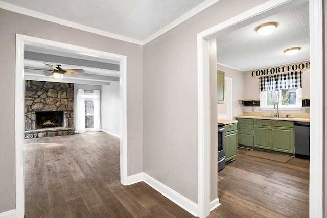 corridor with crown molding, sink, a healthy amount of sunlight, and dark hardwood / wood-style floors