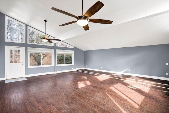 bonus room with ceiling fan, dark hardwood / wood-style flooring, beamed ceiling, and high vaulted ceiling