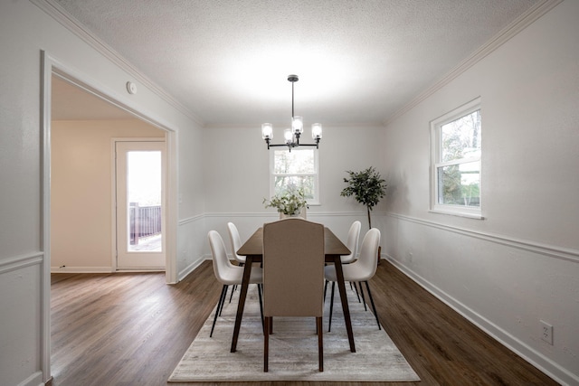 dining area with a chandelier, a textured ceiling, hardwood / wood-style flooring, and crown molding