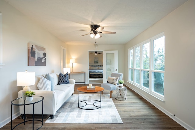 living room with dark hardwood / wood-style flooring