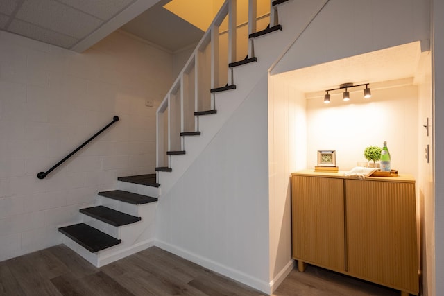 stairway with a paneled ceiling and wood-type flooring