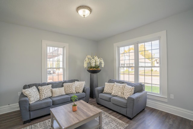 living area featuring plenty of natural light, baseboards, and dark wood-style floors