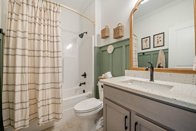 full bathroom with shower / bath combination with curtain, tile patterned floors, vanity, crown molding, and toilet