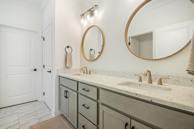 bathroom with vanity and crown molding