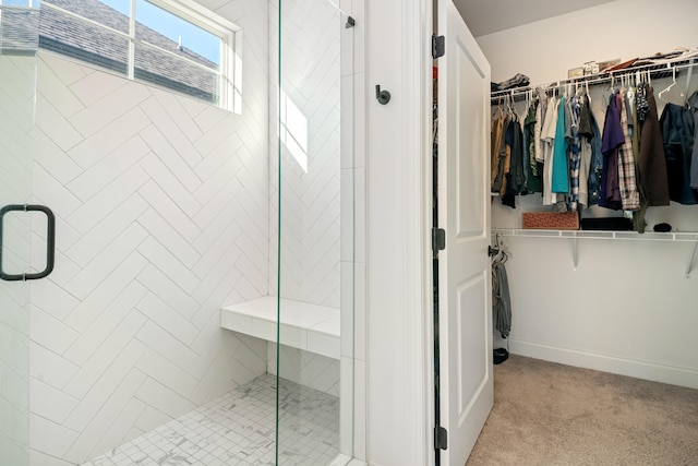 bathroom featuring a shower with shower door