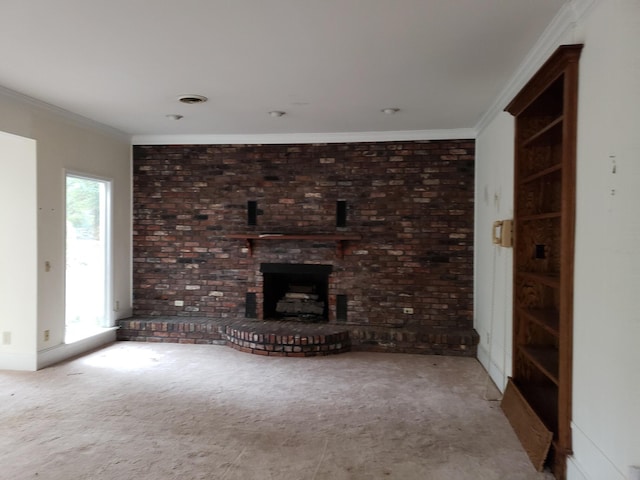 unfurnished living room with a fireplace, brick wall, and ornamental molding