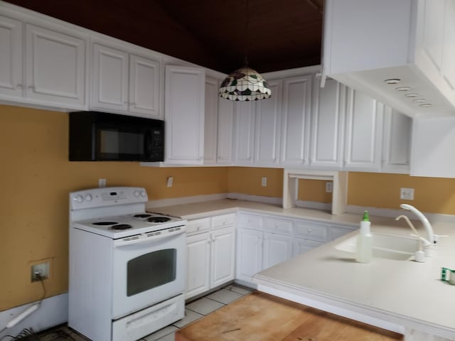 kitchen with white range with electric cooktop, white cabinets, sink, hanging light fixtures, and light tile patterned floors