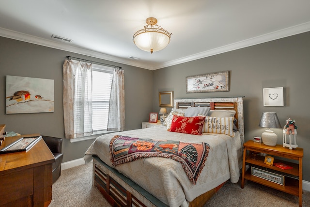 bedroom with carpet and crown molding