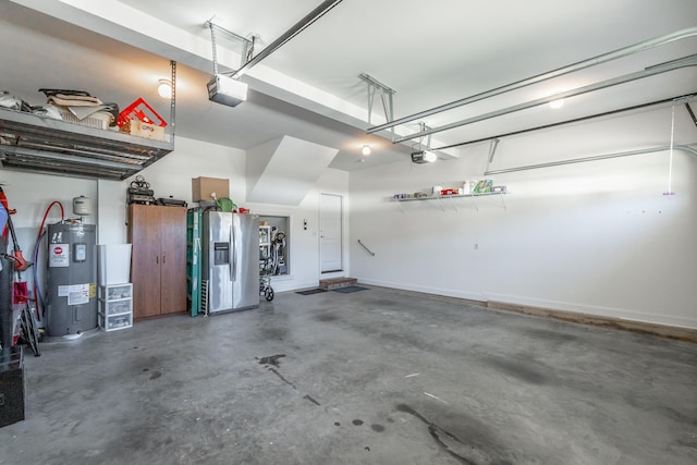 garage with stainless steel fridge with ice dispenser, electric water heater, and a garage door opener